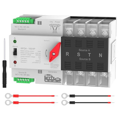 Automatic Transfer Switch 100A AC 220V, Dual Power ATS 4P Automatic/Manual Transfer Switch din Rail mounting for Home Generator, RV，Public/Backup Power Supply - size: Automatic Transfer Switch 4P 220V