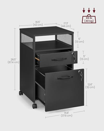 VASAGLE 2 Drawer File Cabinet with Lock, Rolling Printer Stand - color: Ink Black, size: with Lock and Fences