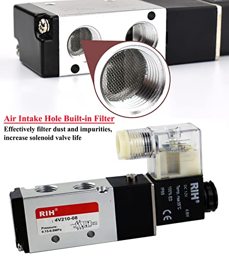 RIH Pneumatics Solenoid Valve 4V210-08 12V/24V/110V Series Single Coil Pilot-Operated Electric 2 Position 5 Way Connection Type (DC12V/Junction Box, 1/4"NPT) - size: DC12V/Junction Box, style: 1/4"NPT