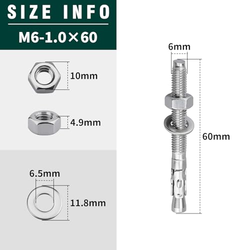 12-Pack M6-1.0 x 60 Wedge Anchors, Stainless Steel 304 (18/8), Concrete Anchor for Heavy-Duty Projects - size: M6-1.0 x 60