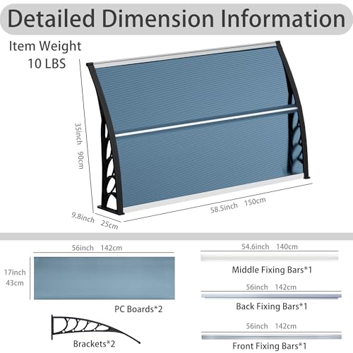 58.5x35 Inch Patio Window Awning Shade, Polycarbonate Door Entrance Canopy Cover Protection for Sunshine & Rain, Grey with Black Edge - color: Black + Gray
