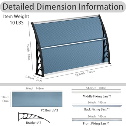 58.5x35 Inch Patio Window Awning Shade, Polycarbonate Door Entrance Canopy Cover Protection for Sunshine & Rain, Grey with Black Edge - color: Black + Gray
