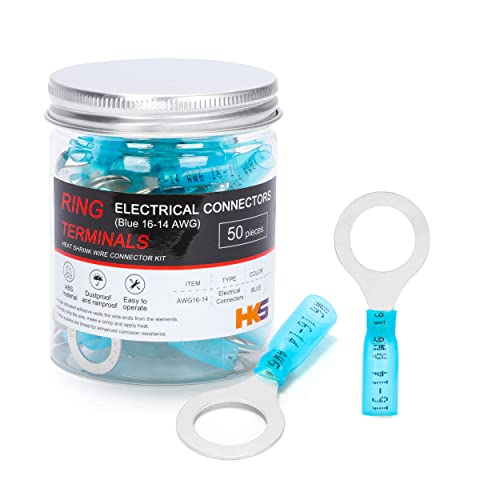 HKS 50 PCS Ring Terminals 1/2" Blue 16-14 AWG - M12 - Electrical Connectors - Heat Shrink Wire Connector Kit - Tinned Red Copper - Automotive Marine Ring Connectors - Waterproof and Insulated - color: Blue, size: 1/2"(M12)