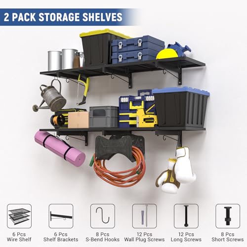2 Pack Garage Wall Shelf, Heavy Duty Garage Shelving, 46"X 12.5" Wall Mounted Floating Shelves, Metal Hanging Storage Rack with 8 Hooks, Utility Organizer Max Load 320 LBS for Laundry Room, Workshop - size: B-2 PACK