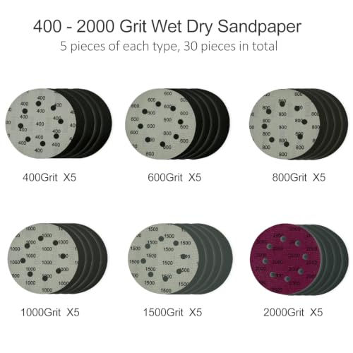 5 Inch 8 Holes Sanding Discs Hook and Loop, 30Pcs Wet Dry Sandpaper, 400 600 800 1000 1500 2000 Grit Sandpaper, Round High Grit Sand Paper for Orbital Sander - size: 400-2000 Grit