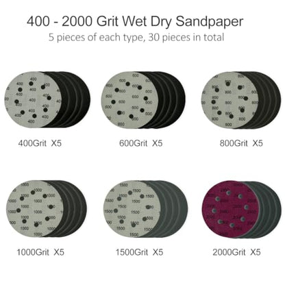 5 Inch 8 Holes Sanding Discs Hook and Loop, 30Pcs Wet Dry Sandpaper, 400 600 800 1000 1500 2000 Grit Sandpaper, Round High Grit Sand Paper for Orbital Sander - size: 400-2000 Grit