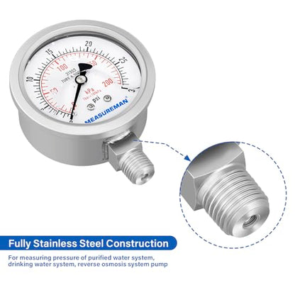 MEASUREMAN Fully Stainless Steel Hydraulic Glycerin Filled Pressure Gauge, 2-1/2" Dial Size,0-30psi/kpa,1/4" NPT Lower Mount - size: 0-30 psi, style: Lower Mount(100% Stainless Steel)