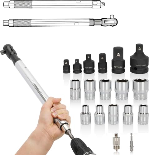 Offset Extension Wrench for Tight Spaces, 2 in 1 1/2'' Drive Offset Wrench, Offset Extension Wrench Impact for Electric Drill/Ratchet/Impact Wrench - with 10 Hex Socket - color: Wrench+adapter+hex Socket