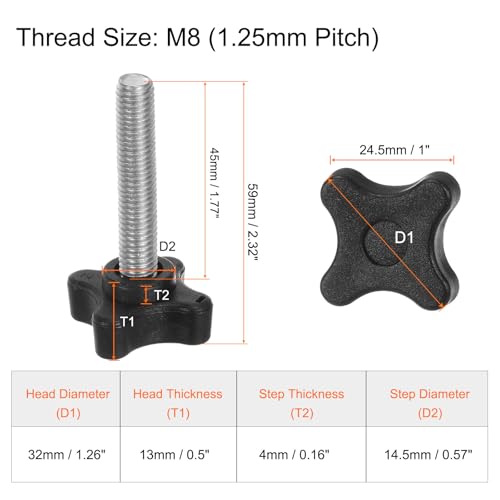 HARFINGTON 6pcs Star Clamping Knobs M8 x 45mm Metric Male Thread 32mm 4-Point Plastic Head Threaded Stud Knob Hand Tightening Thumb Screw Jig Handle, Black - size: M8 x 45mm x 32mm