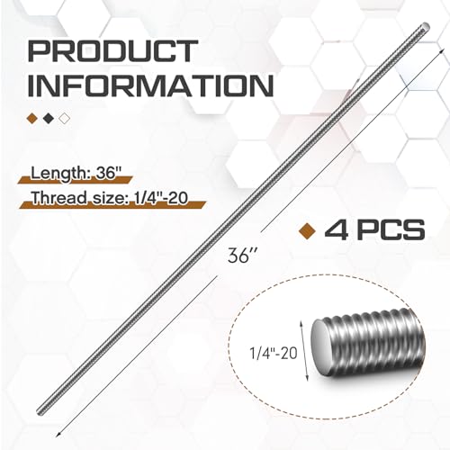 Blulu 4 Pcs Stainless Steel All Thread Rod, 1/4"-20 x 36 Fully Threaded - size: 1/4"-20 x 36"