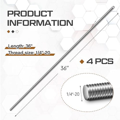 Blulu 4 Pcs Stainless Steel All Thread Rod, 1/4"-20 x 36 Fully Threaded - size: 1/4"-20 x 36"