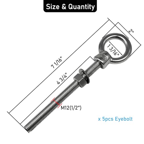 Eye Bolts, 2pack 1/2" x 4-3/4" Heavy Duty Shoulder Lifting Ring Threaded Eyebolts with Nuts Washers 316 Stainless Steel Marine Grade Eyebolt