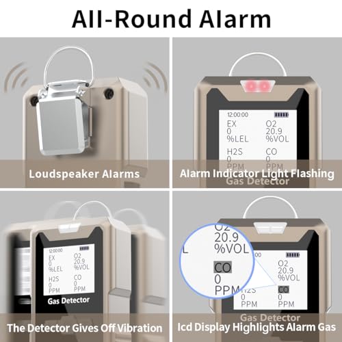 Aluminum Alloy Portable 4 Gas Detector, 4 in 1 Multi Gas Monitor Tester，H2S,O2,CO and EX Rechargeable LCD Display Gas Sniffer Alarm，Gas Clip Sound Light Shock Alarm (Grey) - color: Grey