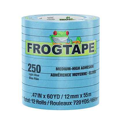 FrogTape 250 Light Blue Moderate Temperature Performance Grade Masking Tape, Medium-High Adhesion, 12mm x 55m, 12 Rolls per Pack - size: 12mm x 55m, 12 rolls per pack