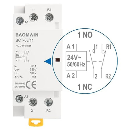 BAOMAIN 24V AC 2-Pole 63A Modular Contactor, 1NO1NC, DIN Rail Mount