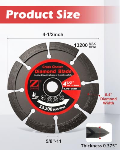 ZORUNNA 4.5" Crack Chaser Blade for Concrete, 0.375" Width, 5/8"-11 Arbor - size: 4.5" × 3/8" × 7/8" Thread