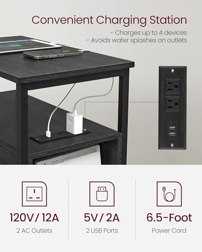 VASAGLE Side End Table with Charging Station, Slim Nightstand with Storage - color: Charcoal Gray + Ink Black, size: 23.6"D x 11.8"W