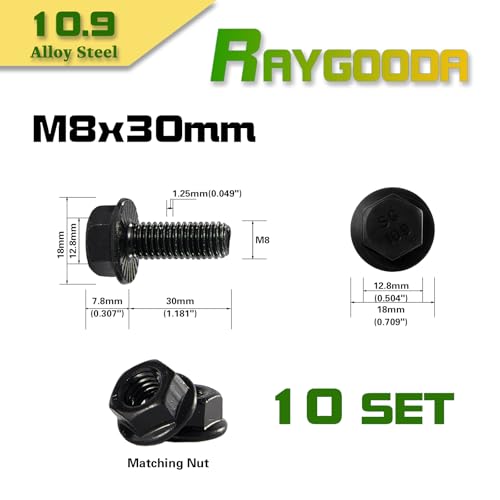 M8-1.25x30mm Flange Bolt and Nut Kit 10set- Grade 10.9 Alloy Steel, Black Zinc, Full Thread, Serrated Self-Locking, Vibration Resistant for Automotive, Machinery & Heavy Duty - size: M8x30mm(10 Sets）