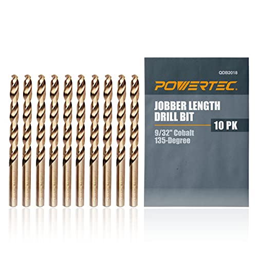 POWERTEC 9/32" Cobalt Drill Bits - 10 Pack - 4-9/32" Length - M35 HSS Jobber Length Twist Bits with 135° Tip for Drilling Wood, Metal, Stainless Steel, Nickel Alloy, Cast Iron & Plastic (QDB2018) - style: 10PK 9/32" Cobalt Drill Bit (4-9/32" L)