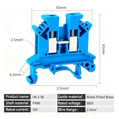 100PCS Blue UK2.5B Terminal Block DIN Rail Terminal Blocks - Application for 12-22 AWG 800V Electrical Cabinets Distribution Box,Solar Power System,PLC Industrial Control Automation Panel DIY CNC RV - color: UK2.5B Blue Terminal Block