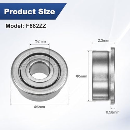 M METERXITY 4-Pack F682ZZ Flanged Ball Bearing, 2 x 5 x 2.3mm Double Metal Shielded Chrome Steel (GCr15) Flange Rip Bearings for Wheelbarrow/Printer/Fax Machines/Power Tools - size: 2mm x 5mm x 2.3mm
