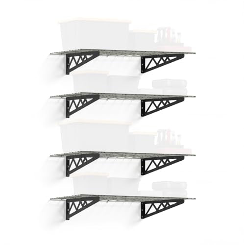 SafeRacks Steel Garage Wall Shelves 4-Pk w/Hooks, 500lb, Hammertone (24x48) - color: Hammertone, size: 24"x48" (4-Pack)