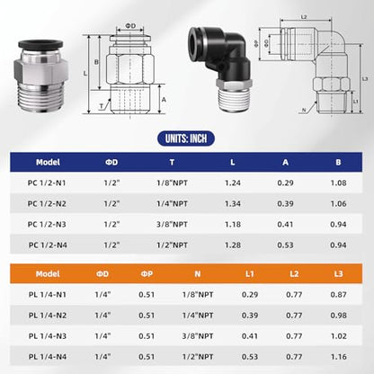 3/8 Push to Connect Fittings npt Thread to 1/2 Air Line quick - size: 1/2"OD x 3/8"NPT