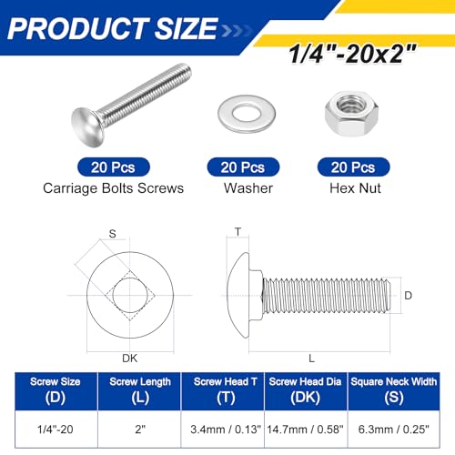 20Set 1/4"-20x2 Carriage Bolt with Hex Nut & Washer 304SS - color: Silver, size: 1/4"-20x2