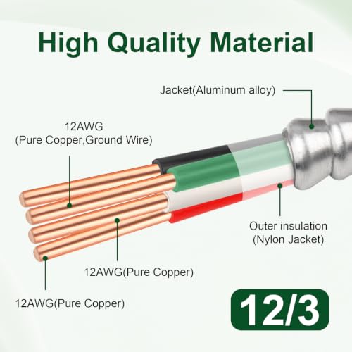 12/3 MC Cable 10FT, Metal Clad Electrical Wire with Green Insulated Ground, 12 AWG Solid Pure Copper Conductors, Aluminum Armor Real THHN/THWN, 600V 90°C Indoor/Outdoor Rated UL Listed - color: 10 FT, size: 12AWG/3