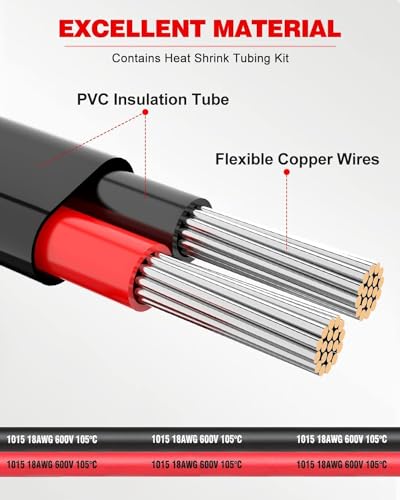 NAOEVO 18 Gauge Wire 2 Conductor, 18 Gauge Automotive Wire 12V Cable, 15FT - size: 15ft, style: 2C-18AWG