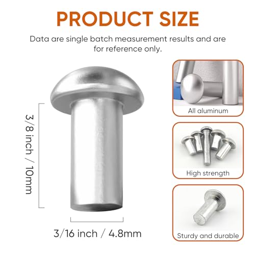 ALLCLEAN 3/16" Diameter X 3/8" Length Solid Aluminum Brazier Head Rivets,Aluminum Boat Rivets,Round/Dome Head Rivet,Pack of 150 - size: 3/16" x 3/8"