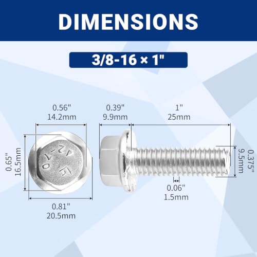 3/8-16 x 1 Flanged Hex Bolts (10 pcs), 18-8 (304) Stainless Steel, External Hex Drive, Hexagon Head Bolts Screws with Flange Washer, Fayeploo - color: Silver, size: 3/8-16 x 1