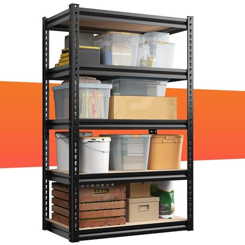 Raybee 72" H Garage Shelves, Classic 5-Tier Metal Storage Shelving Unit, Adjustable Versatile Utility Rack, Industrial Shelf for Garage Craft Warehouse Pantry Kitchen Organization, 2000lbs, Black