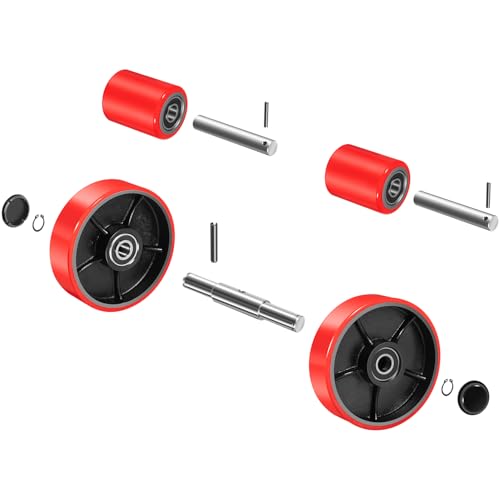 Pallet Jack/Truck Full Wheel Replacement Kit, Pair Steering Wheels (7"x 2"), Pair Front Load Roller(3" x 3.75"), with Pre-Installed Bearings, Axles, 20mm ID Poly Tread, Entry Rollers, Install Tool Kit