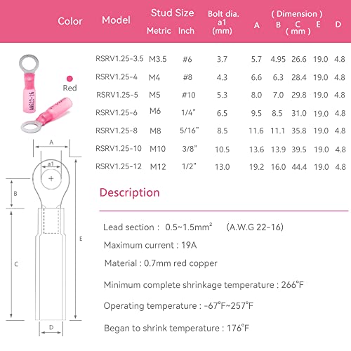 HKS 50 PCS Ring Terminals 3/8" Red 22-16 AWG - M10 - Electrical Connectors - Heat Shrink Wire Connector Kit - Tinned Red Copper - Automotive Marine Ring Connectors - Waterproof and Insulated - color: Red, size: 3/8" (M10)