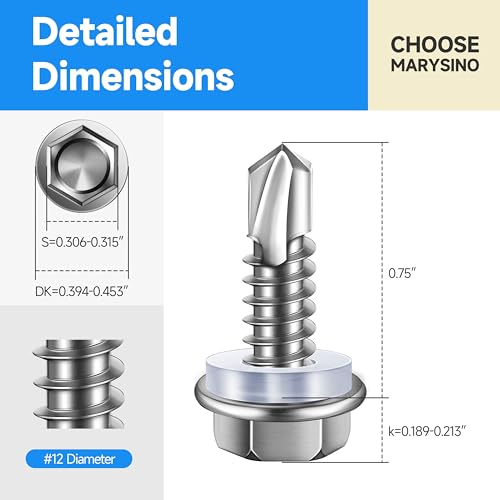 Sheet Metal Screws 100Pcs #12 x 3/4" Self Tapping Screws for Metal, 410 Stainless Steel Hex Head Self Drilling Screws for Metal Plastic Wood, High-Strength Quick Self-Tapping Screws by Marysino - color: Silver (#12), size: 3/4"