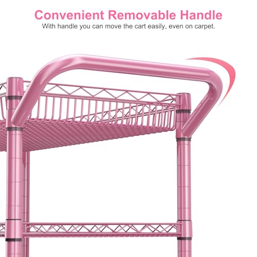 WDT Pink Rolling Utility Cart with Wheels, 990Lbs Heavy Duty Metal Cart with Handle & Shelf Liners, NSF Certified 3-Tier Storage Trolley for Esthetician, Kitchen, Salon & Craft Room, Pink - color: Pink-3 Tier
