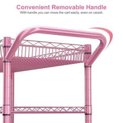WDT Pink Rolling Utility Cart with Wheels, 990Lbs Heavy Duty Metal Cart with Handle & Shelf Liners, NSF Certified 3-Tier Storage Trolley for Esthetician, Kitchen, Salon & Craft Room, Pink - color: Pink-3 Tier