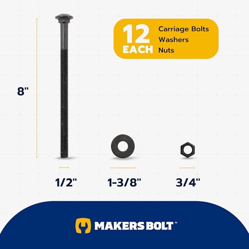 1/2 in. x 8 in. Black Carriage Bolt Kit Includes 12 Bolts, 12 Washers, and 12 Nuts, Ceramic Black Ruspert Coated for Exterior Use - 2X Rust Resistance of Galvanized by Makers Bolt - size: 1/2 x 8