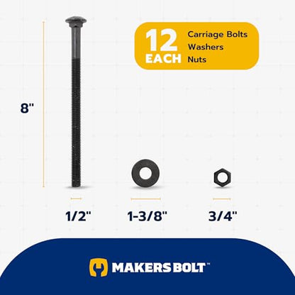 1/2 in. x 8 in. Black Carriage Bolt Kit Includes 12 Bolts, 12 Washers, and 12 Nuts, Ceramic Black Ruspert Coated for Exterior Use - 2X Rust Resistance of Galvanized by Makers Bolt - size: 1/2 x 8