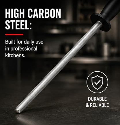 Professional Butcher’s Honing Steel – Round Rod for Chefs, Meat Cutters, and Home Kitchens – Carbon Steel Knife Alignment Tool with Non-Slip Handle (14 inch) - size: 14 inch