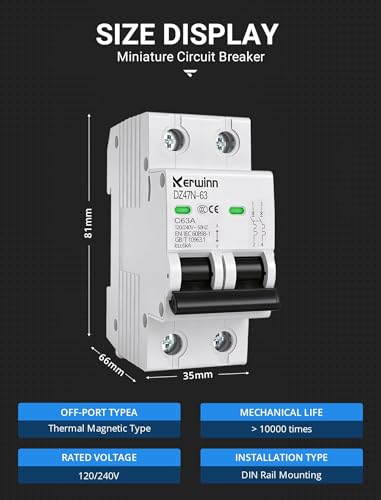 AC Miniature Circuit Breaker 2 Pole 20A (MCB),120V/240V 50/60Hz DIN Rail Mount Breaker, Compatible with Grid-Tied Solar Systems, RV & Home Circuits(C20A)