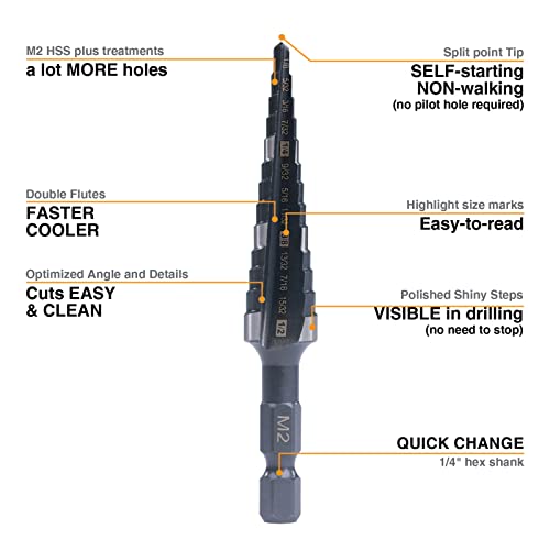 1/8"-1/2" Quick Change M2 Step Drill Bit Unibit Hole Drilling - size: 1/8" - 1/2"