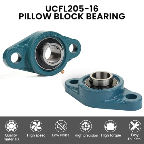 1 Pcs UCFL205-16 Pillow Block Bearing, 1" Bore, 2-Bolt Flanged Mounted Bearings Set Screw Locking, Solid Cast Iron Base Self Alignment - size: UCFL205-16 1" Bore