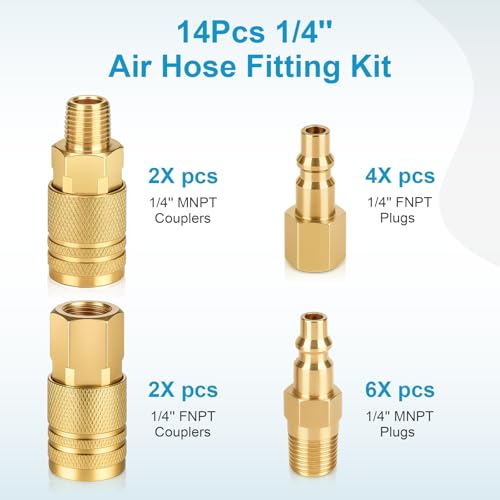 14 Pcs Air Hose Fittings 1/4 Inch NPT, Air Tool Fittings Air Compressor Fittings Quick Connect, Premium Brass Air Coupler And Plug Kit RNSXYAT