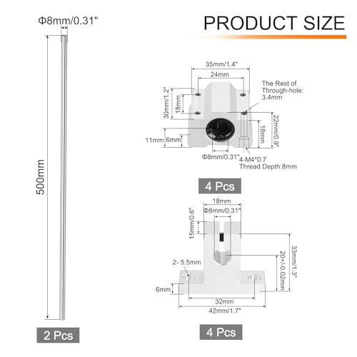 uxcell 2 Pcs 8mm x 500mm Linear Motion Rail Shaft Slide Guide with 4 Pcs SCS8UU Bearings and 4 Pcs SK8 Rail Support Linear Motion Rod Shaft Guide Set for CNC Machine 3D Printer, Silver - size: 500mm
