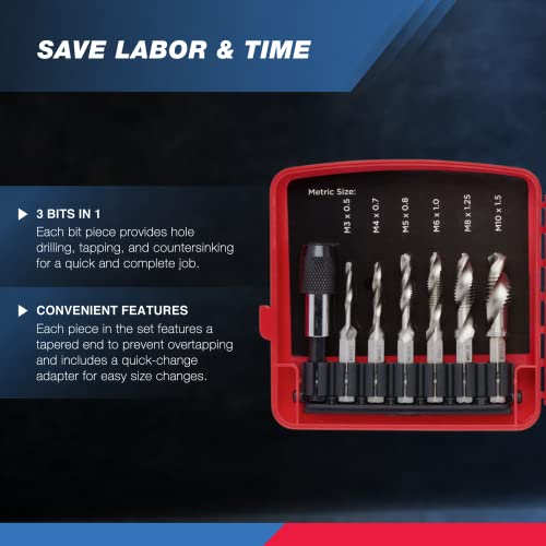 NEIKO 10059A Combination Drill and Tap Bit Set with Quick Change Adapter, 13 Piece, SAE (6-32NC to 1/4-20NC) and Metric Drill Bit Set (M3 to M10), Metric Tap Set - size: 13 Piece, style: Combo Drill Tap
