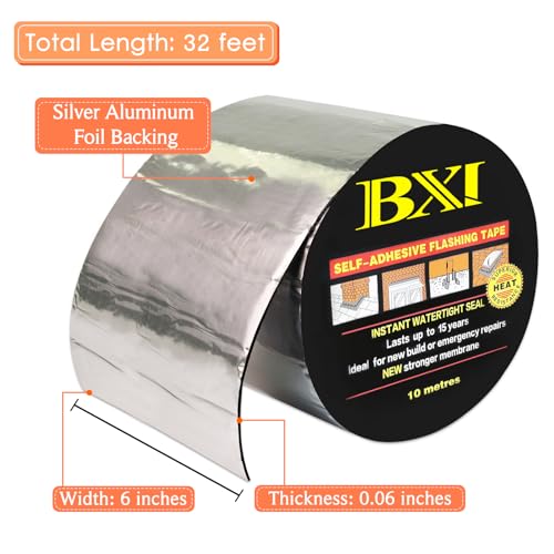 BXI Flashing Roll Tape Membrane, 6 inches X 32 Feet Thick Waterproof Patch Seal Tape, Self-Adhesive SBS Modified Rubberized Asphalt, Deck Seam Joist Leak Sealant for Roof Window Gutter Repair Outdoor - size: 6'' X 32'