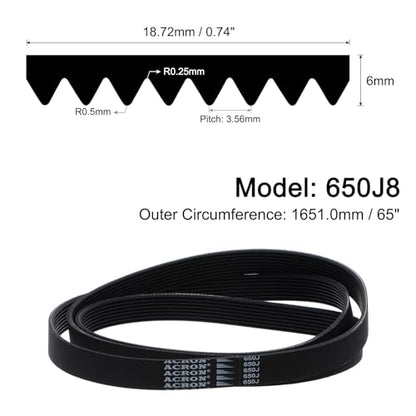 uxcell 650J8 PJ V-Ribbed Belt 8 Ribs 65" Length x 0.74" Width x 0.14" Thick, EPDM Poly V Belt, Industrial Transmission Serpentine Belt - size: 650J8