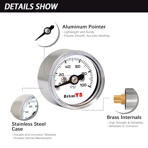 1 Inch mini Pressure Gauge, 0-100 Psi Air Gauge, Stainless Steel Case, 1/8" NPT Back Mount, Psi Coffee Machine Pressure Gauge for Water Pumps, Air Compressors - size: 0-100 PSI, style: Back Mount